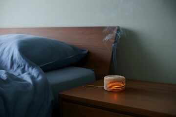 Cozy bedroom scene with a lit himalayan salt lamp on a wooden nightstand next to a neatly made bed with blue linens