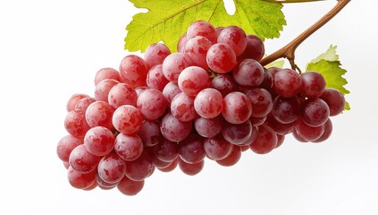 Fototapeta premium A bunch of red grapes accompanied by green leaves against a plain white background.