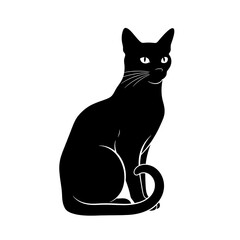 Obraz premium Black cat silhouette vector illustration, sitting elegant feline animal icon, mysterious pet graphic on white.