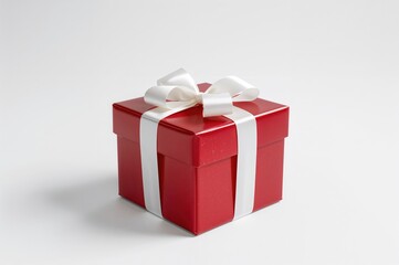 White ribbon bow on red present box against plain white backdrop. Side angle. Female gift idea.