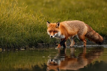 Orange Canine Strolling in a Watery Setting with Greenery