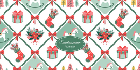 Vintage holiday seamless pattern, trendy background, Christmas pattern. Vector, vintage fabric design, wallpaper, wrapping paper, and more.