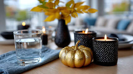 Stylish autumn table setting featuring a golden pumpkin, candles, and decorative elements, creating a warm and inviting ambiance perfect for seasonal gatherings and celebrations.