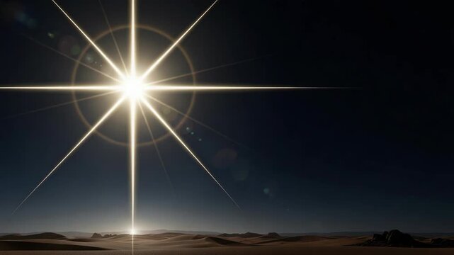 Star of Bethlehem shines brightly over arid landscape. Star of Bethlehem celestial light illuminates vast desert, creating serene and spiritual atmosphere.