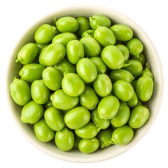Top-down view of a bowl filled with vibrant green edamame beans