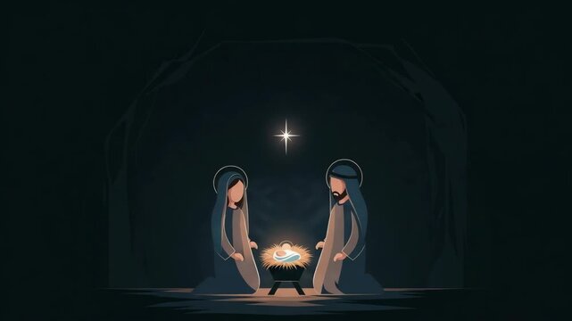 Nativity scene illustrating sacred event of Christ, Mary, Joseph, and infant Jesus. Nativity scene depicted with dark colors, in stable with star shining above. Beautiful Nativity scene,