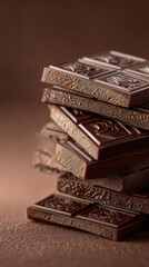 Close-up of a stack of gourmet dark chocolate pieces, perfect for enjoying