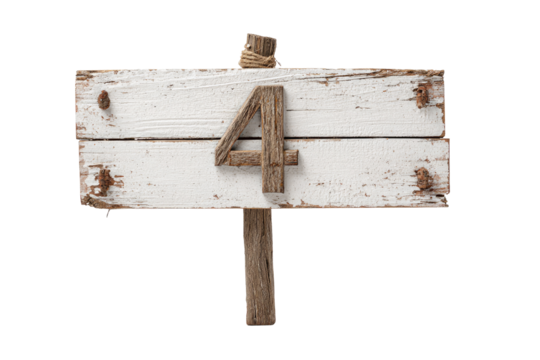 Weathered wooden signpost with number four