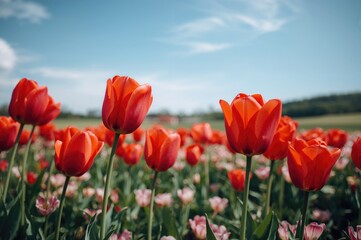 Vibrant red tulip blossoms spread across open fields, capturing the essence of spring and summer beauty