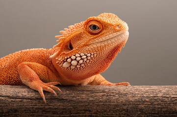 Obraz premium Close-up of a red bearded lizard on a wooden surface