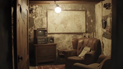 Cozy rustic den interior with map, seating, vintage tv, and warm light.