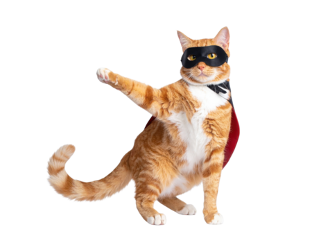 A heroic cat in a mask and cape strikes a dynamic pose, embodying the spirit of a superhero.