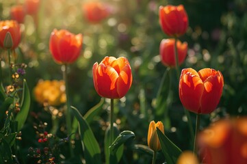 Obraz premium Bright crimson and golden tulips blooming in a sunny garden setting