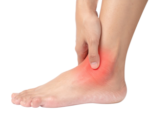 A hand holds an ankle, which is visibly red, indicating pain or discomfort in the area.