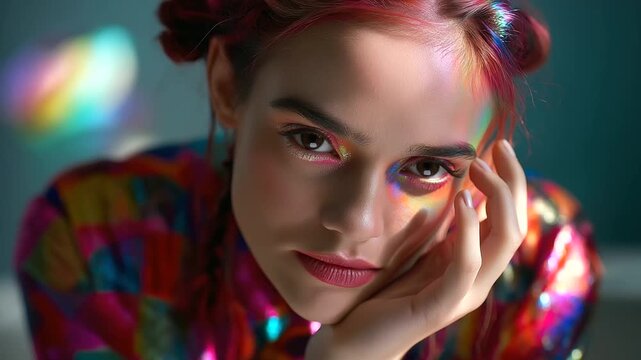 Fashion model with colorful hair and makeup posing in studio lighting, under soft vibrant light, highlighting bold colors and artistic expression, serene portrait scene, calm studi