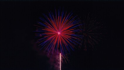Crimson and sapphire pyrotechnics against a night sky