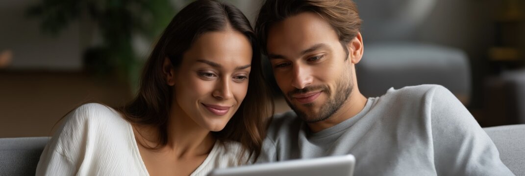 Young caucasian couple enjoying digital content on tablet in cozy home setting