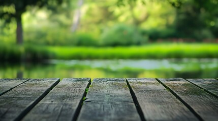 Fototapeta premium Wooden pier overlooks a tranquil natural scene with a lake and lush greenery.
