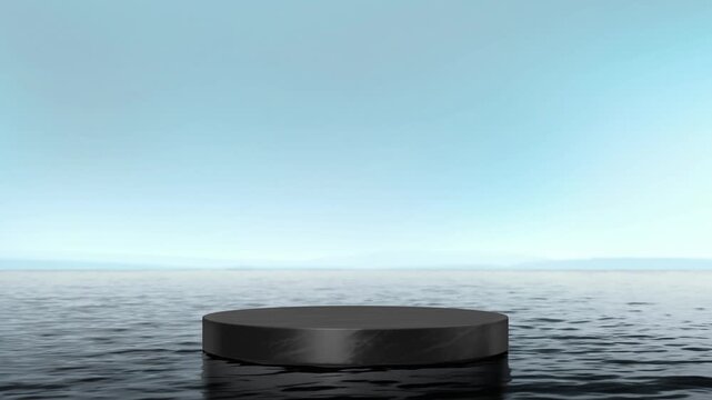 Black podium stand in calm sea water, looped switch scene