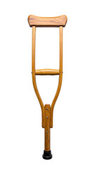 A wooden crutch designed for support, featuring a contoured top and a rubber tip for stability.