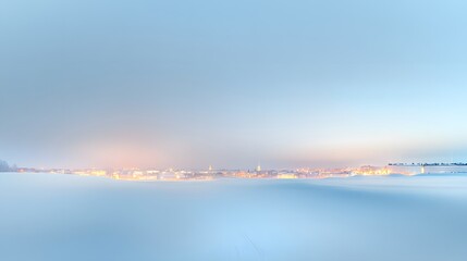 Distant town lights glow through winter fog under a pale sky.