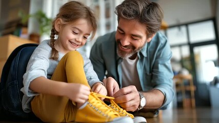 Father helping his daughter tie her shoes before school in a bright home, father daughter school morning, family bonding routine, parent child preparation, morning school joy, with