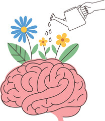 Nurturing your mind and growth with positive mental health watering can and flowers blossoming