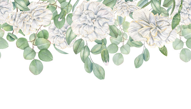 White carnations and eucalyptus leaves watercolor horizontal seamless border on isolated background. White flowers with green foliage banner for mother day invitation, graduation party design - Powered by Adobe