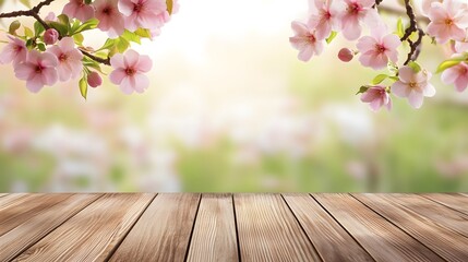 Wooden table with blooming pink flowers and blurred background.