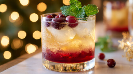 Festive Christmas cocktail with layers of fruit and ice on a festive table with holiday lights in the background