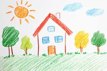 Bright crayon drawing of a house with trees and sun in a colorful landscape. Naive childish illustration.