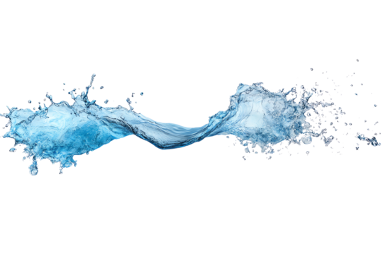 Splash of clear water isolated on a white background, creating dynamic shapes and droplets, suitable for creative and clean designs.