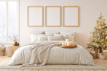 Cozy winter bedroom with a decorated Christmas tree and neutral decor featuring a warm bedding setup and soft lighting. Empty vertical frames set of 3 for wall art mockup.