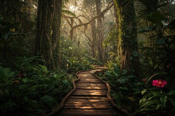 Wooden walkway meandering through dense tropical forest