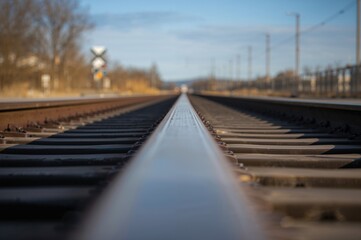 Detailed view of a train track with blurred scenery behind