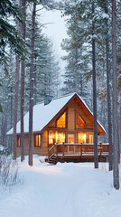 Cozy wooden cabin nestled in snowy forest during winter evening
