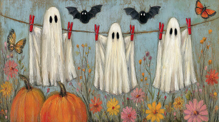 Festive scene with hanging ghost decorations amidst colorful flowers and pumpkins in autumn setting. Halloween illustration.