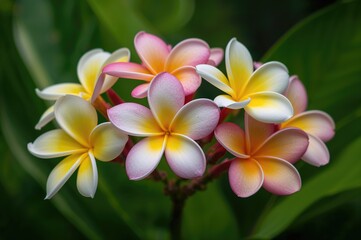 Naklejka premium Bright multicolored blossoms. Collection of floral blooms. Assortment of yellow, white, and pink tropical flowers with green foliage.
