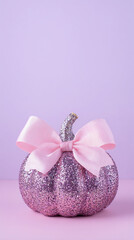Sparkling pink pumpkin with a shiny bow on a pastel background for autumn decor or Halloween celebration