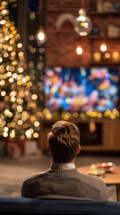 Watching a holiday movie in a cozy living room with Christmas decorations and a glowing tree in the background