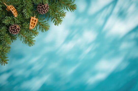 Holiday greeting card featuring a decorated evergreen branch with cones and a waffle ornament on a teal backdrop, illuminated by sun rays - Powered by Adobe