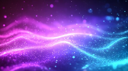 Obraz premium Glowing particles flow in abstract waves of pink and blue light.