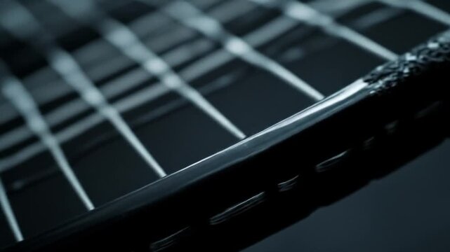 Close up of tennis racket strings and frame against dark backdrop