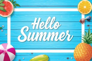 Summer celebration vector banner with cheerful lettering on a blue wooden background featuring tropical fruits and beach ball accents within a white frame