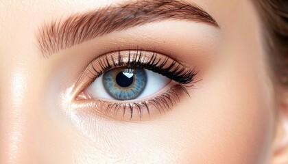 Obraz premium Close Up of a Female Eye with Shimmering Bronze Eyeshadow and striking blue iris, framed by well groomed eyebrow and eyelashes, beauty and fashion