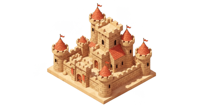 Isometric fantasy fortress with orange rooftops