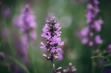 Obraz premium Blurred purple blooms of Rocky Mountain Beeplant with an abstract floral backdrop
