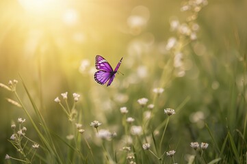 Fototapeta premium Violet butterfly gliding above tiny wild white blossoms in grassy sunlight. Artistic fresh depiction of morning nature's beauty. Soft selective focus.