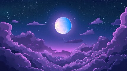 Glowing Moon Over Purple Clouds in Starry Night Sky Landscape
