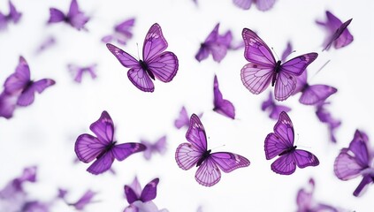 Vibrant violet butterflies soaring against a plain white background.